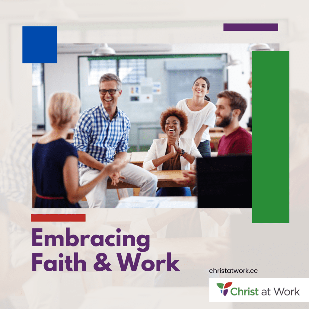 Picture of multi-cultural workplace integrating faith at work through prayer, conversation, and meeting.
